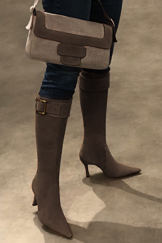 Chocolate brown women's feminine knee-high boots. Pointed toe. Very high spool heels. Made to measure. Worn view - Florence KOOIJMAN